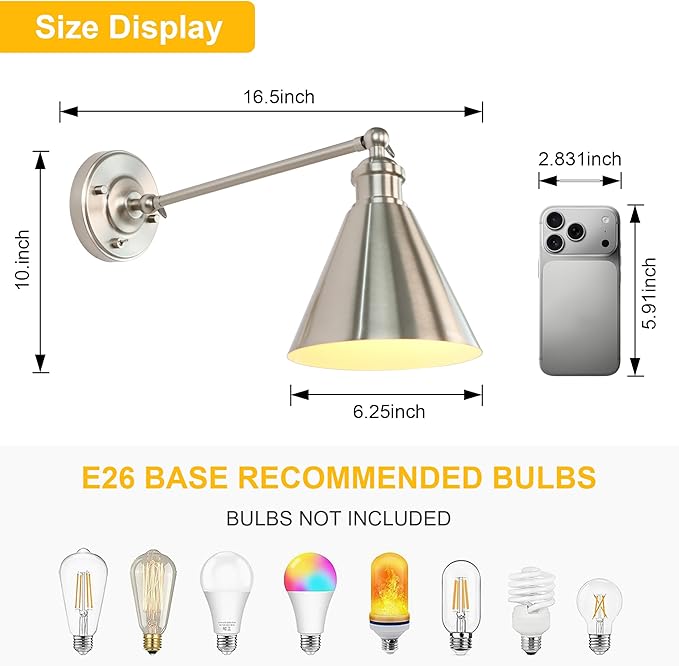 Industrial Vintage Slope Pole Wall Mount Single Sconce with Funnel Flared Metal Shade, Swing Arm Wall Sconce Light Lamp Fixture Hardwired