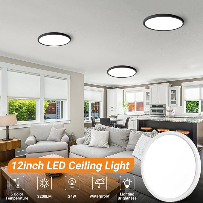 slochi 8Pack LED Flush Mount Ceiling Light Fixture, 12 Inch 24W, 3200LM, Super Slim 0.7 Inch, 3000K-6500K Adjustable Low Profile LED Ceiling Lights for Bedroom, Kitchen, Hallway(Black)