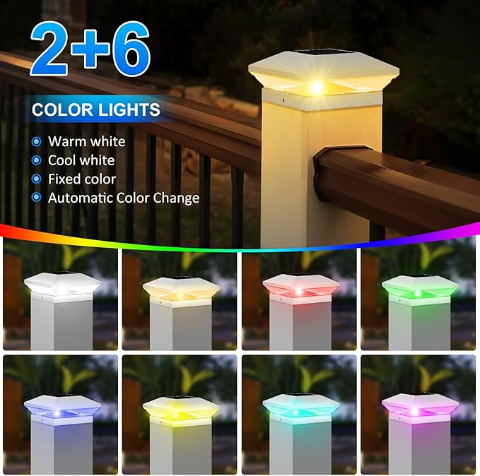 T-SUN Solar Post Cap Lights with Auto-Change Colors- for Wooden (4x4/6x6) & Vinyl (4x4/5x5) Posts | Weatherproof Outdoor Solar Fence Post Lights for Deck, Porch, Garden & Stairs(18-Pack,RGB)