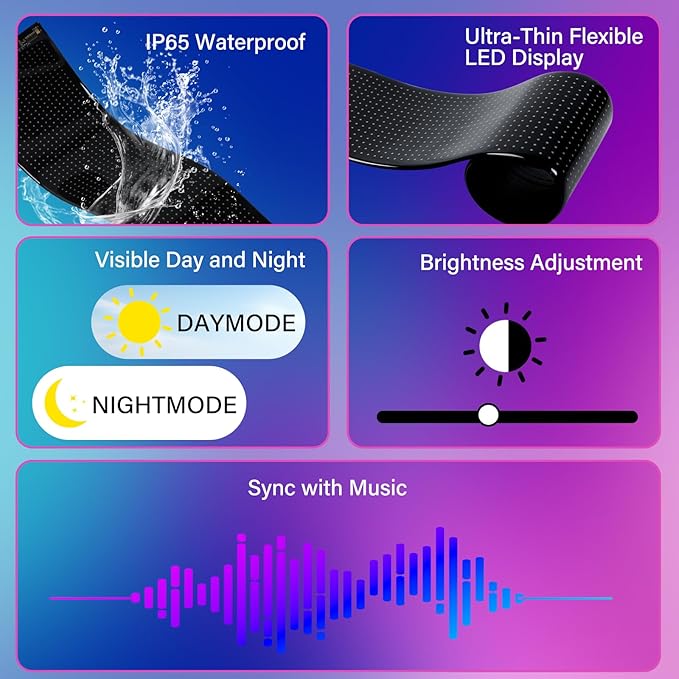 Devil Eyes for Car Windshield 14.7" x 3.6"- Dynamic RGB Car Accent Lights, Wireless App Control & DIY Text- Easy Peel-and-Stick Installation Warning Lights Universal Fit for Cars, Trucks