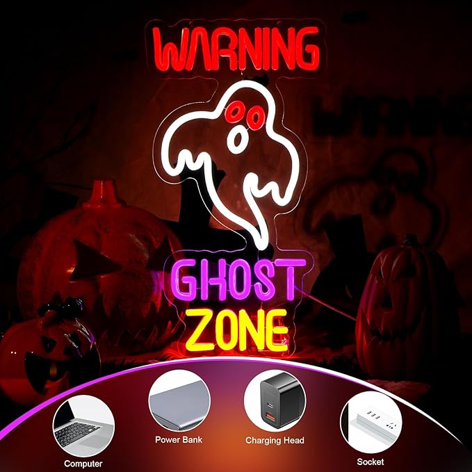 FITNATE Ghost Zone Neon Sign, Dimmable Spooky Haunted Mansion Decor LED Neon Signs, Ghost Neon Light Up Sign for Haunted House Man Cave Bar Party Christmas Decor
