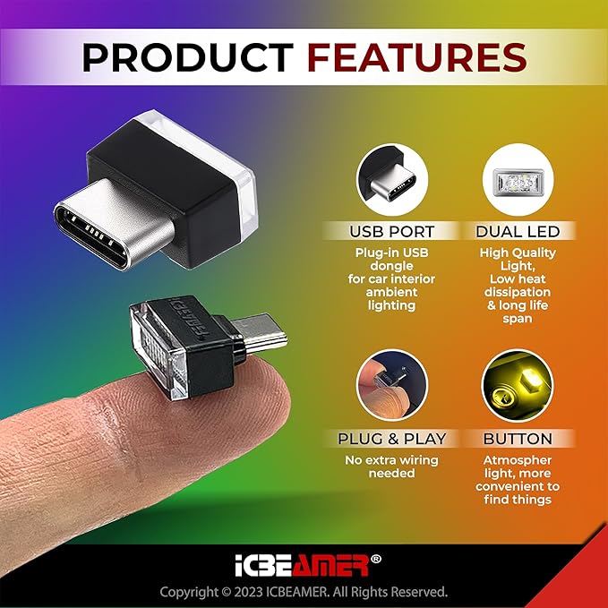 ICBEAMER Type C Adapters Atmosphere Light, [Color: Yellow] | Universal Plug-in Miniature Night Light for Car Interior and Trunk Ambient Lighting, Easy Installation, Energy Efficient LED Technology