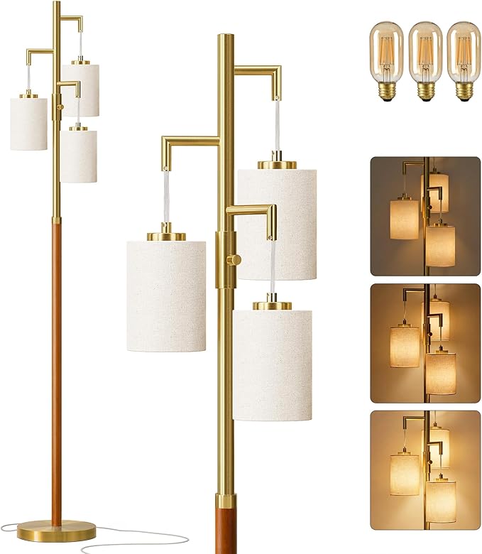70" Dimmable Floor Lamp Wood Floor Lamps for Living Room Bedroom Mid Century Modern Floor Lamp Gold Standing Lamp Tall Lamps for Office Nursery Reading Elegant Stand Up Lamp, 3 Bulbs Included
