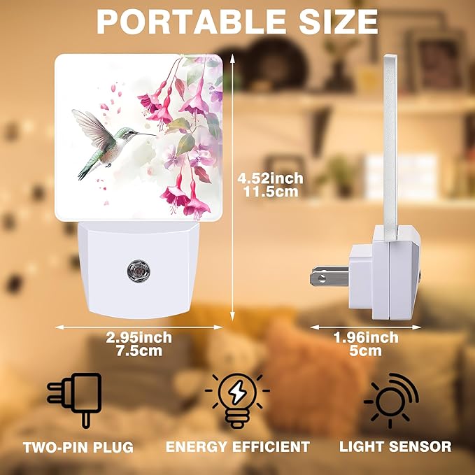 Night Light Hummingbird with Pink Flowers Night Lights Plug into Wall Smart Dusk to Dawn Sensor 0.5W Energy Efficient Led Lamp for Men Women Bedroom Bathroom Hallway Stairway Decor