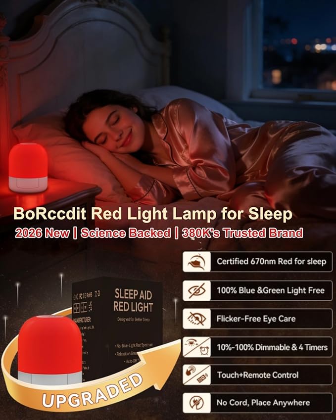 670nm Red Light for Sleep, 100% Blue Light Blocked & 10%-100% Dimmable & 4 Timers & Remote + Touch, Rechargeable Long Lasting Red Night Light Sleep Lamp for Bedroom, Nursery, Reading