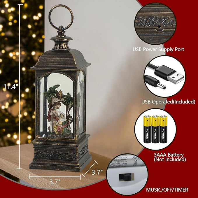 DRomance Nativity Music Snow Globe Lantern with Timer Battery Operated & USB Powered Lighted Singing Snow Globe Lamp Spinning Water Swirling Glitters Christmas Holiday Decor 3.7 x 3.7 x 11.4 Inches