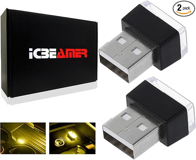 ICBEAMER 2-Pack USB Type-A LED Night Light, Color: Yellow | Plug-in Universal Fit Automotive Accessories for Car Interior and Trunk Ambient Atmosphere Lighting