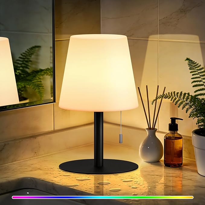 uuffoo Shower Lamp Waterproof Warm White & RGB Shower Light Dimmable LED Rechargeable Table Lamp Cordless Outdoor Lamps Portable for Indoor Outdoor Bathroom Home Patio H9.8in D6.3in (Black)