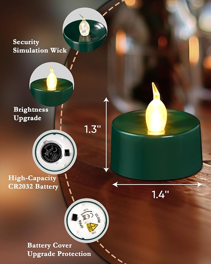 Green LED Candles, 24 Pack Tea Lights Candles Battery Operated, Flameless Tealight Candle, Realistic Tea Lights for Halloween Christmas Party Decor Mardi Gras