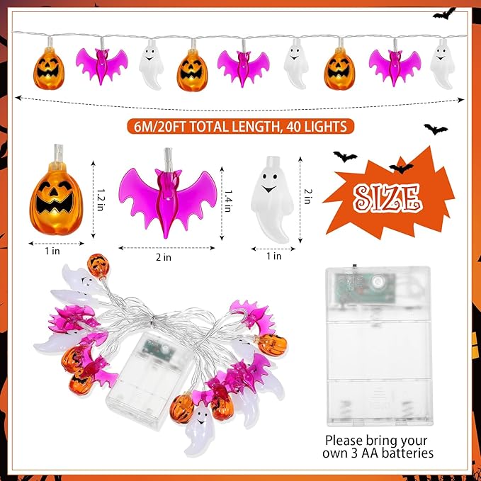 Retisee 20 ft Halloween Lights Decorations 3D Pumpkin Bat Ghost Battery Operated String Lights Halloween Fairy Light for Home Window Indoor Outdoor Party Porch Decor
