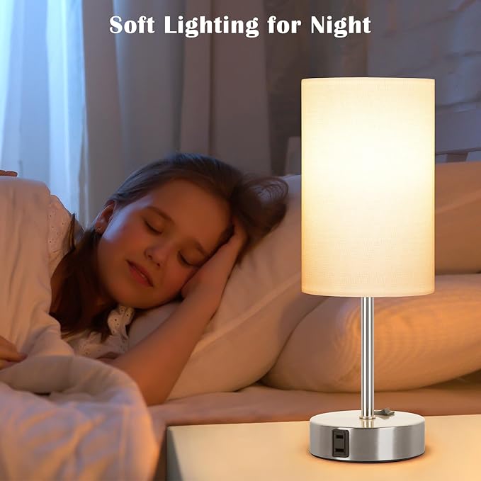 ZJOJO Table Lamp for Bedroom Set of 2, Bedside Small Lamps with 3 Way Dimmable Rocker Switch and AC Outlet, Nightstand Desk Lamp with White Fabric Shade Nickel Base for Living Room Home Decor Lights