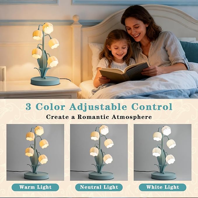 Flower Table Lamp, Lily of The Valley Lamp for Bedside Accent 3 Color Modes Cottagecore Soft Reading Night Light for Bedroom, Corner, Dorm, Entrance Home Vintage Decor (Powder Blue)