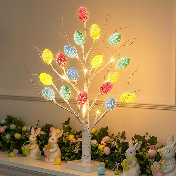 PEIDUO Easter Decorations, 22 inch Easter Tree with 24 LED Warm White, Battery Powered Egg Tree for Spring Home Table Decor