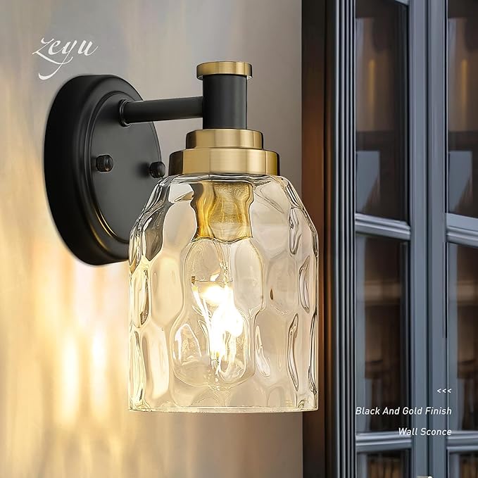 zeyu Wall Sconces Set of 2, 1-Light Bathroom Light Fixtures, Modern Vanity Light Wall Lamp with Water Ripple Glass Shade, Black and Gold Finish, ZG33B-2 BK+BG-WG