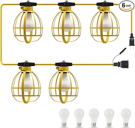 LEDIARY 50FT Construction String Lights, 5 Bulbs 50W 5250LM Work Lights with 5 Medium Base Sockets, Linkable Construction Lights, Weatherproof Commercial-Grade Temporary Lighting