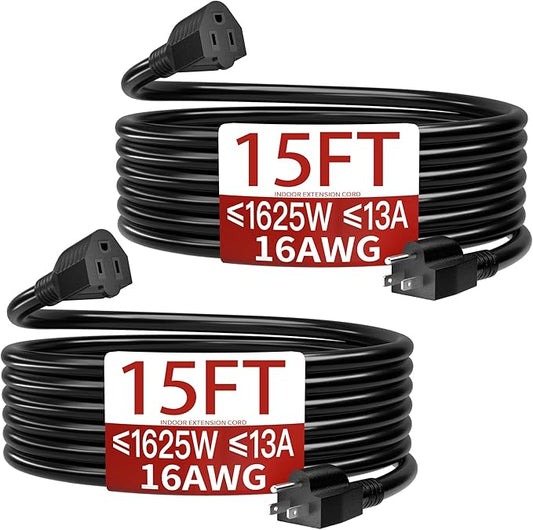 16/3 Indoor Extension Cord 15 FT 2 Pack, Black Extension Cord Flexible & Durable, 3 Prong Power Cable, Suitable for Home and Office, 13 Amp 1625 Watt 125VAC 16AWG, ETL Listed