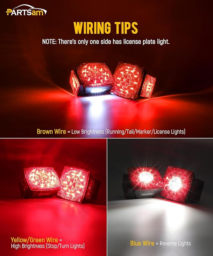 Partsam 12V Submersible Square Led Trailer Lights, Red White LED Stop Turn Tail Reverse Backup License Side Marker Running Light Lamp for Trailers Under 80", Truck, IP68, Red Clear Lens