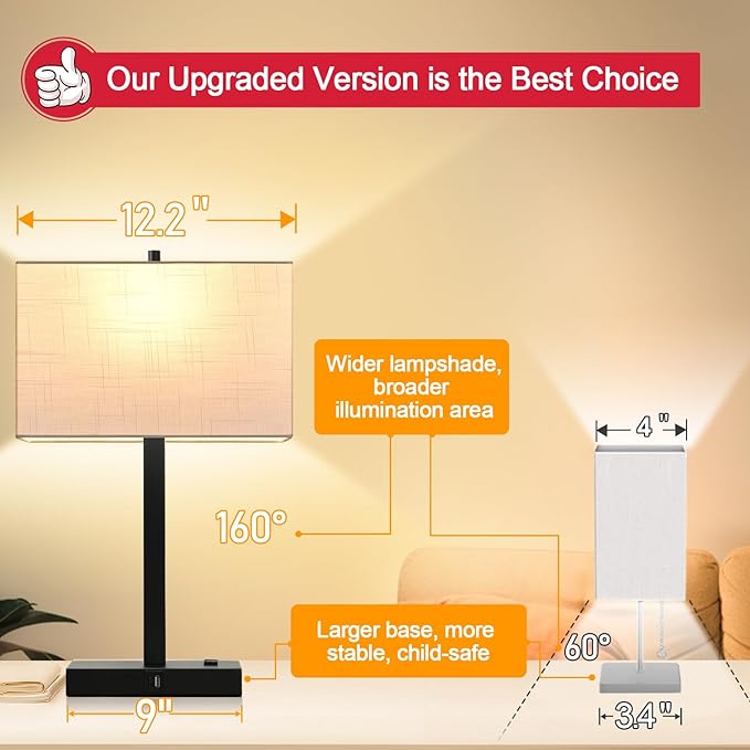 Lynnoland 21" Set of 2 Table lamp with USB A+C & AC Outlets, Touch Control 3-Way Dimmable Nightstand Lamps for Bedroom Living Room Office Reading, Linen Shade Touch Lamps, 3000K LED Bulbs Included