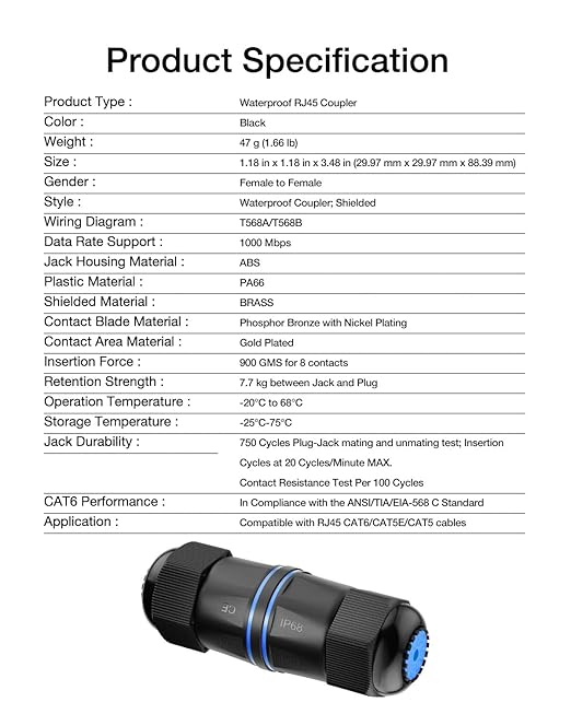 VCELINK Waterproof RJ45 Coupler IP68 Short Profile, Cat6/Cat5E/Cat5 Waterproof Ethernet Connector Shielded, Outdoor Network LAN Cable Extender PoE 6-Pack, 3.23in (Blue-3 Pack)
