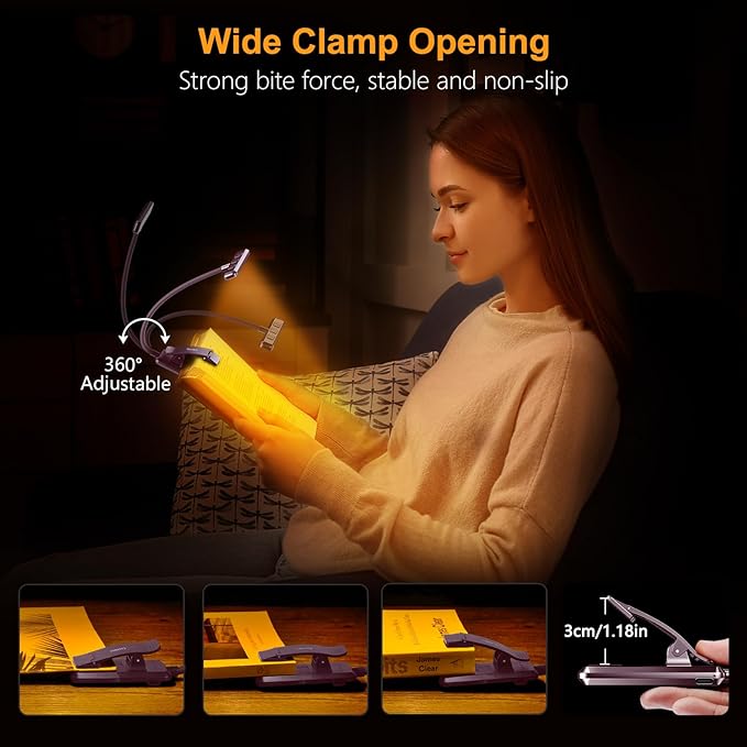 Gritin 19 LED Rechargeable Book Light for Reading in Bed with Memory Function- Eye Caring 3 Color Temperatures,Stepless Dimming Brightness,90 Hrs Runtime Clip on Light for Book Lovers-Dark Purple