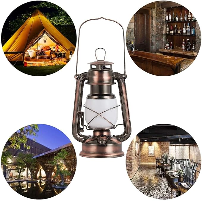 Rechargeable Vintage LED Hurricane Lantern, Warm White Battery Operated, Antique Metal Hanging Lantern with Dimmer Switch, 15 LEDs, 150 Lumen for Indoor or Outdoor Usage (Copper)