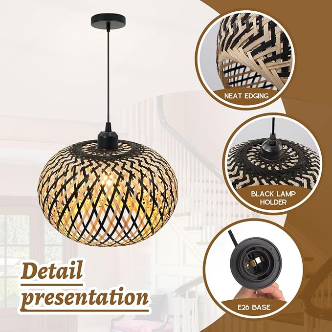 Island Pendant Light Black Natural Hand-Woven Bamboo Pendant Lights 1-Light Boho Light Fixtures Farmhouse Rustic Hanging Lamp for Living Room Dining Room Bedroom