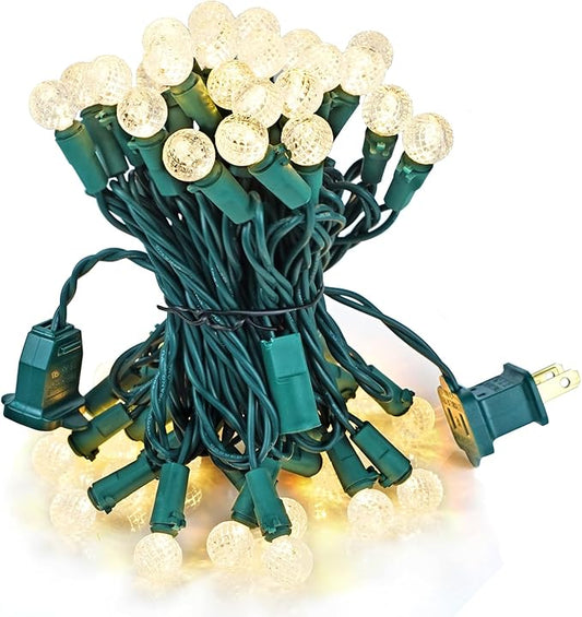 BOHON Christmas Lights Outdoor Faceted G15 50 LED 17ft Plug in Mini Globe String Lights Waterproof Extendable Green Wire for Indoor Patio Xmas Thanksgiving Tree Decoration Warm White