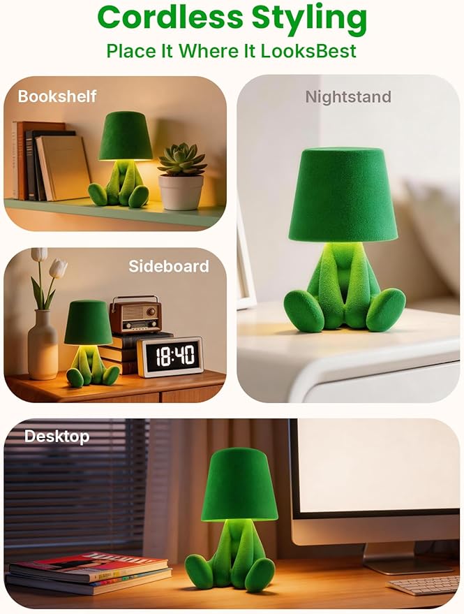 Modern Table Lamp for Youth: Rechargeable Cute Light for Kids Child Teen - Gift for Birthday Christmas Halloween Easter (Green)
