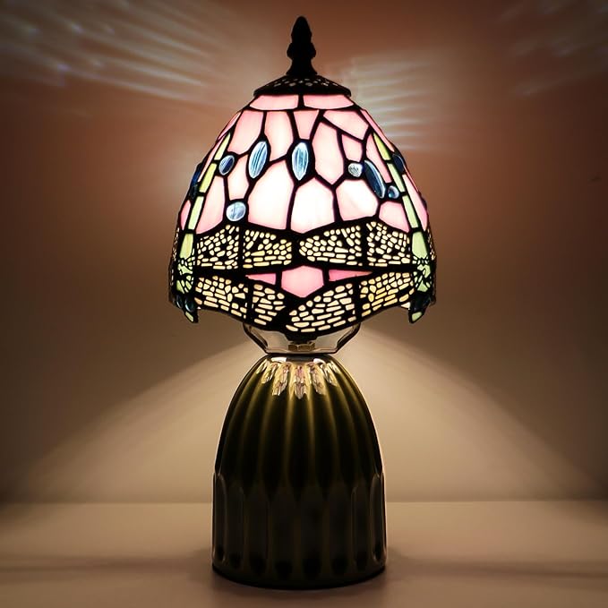 Stained Glass Mushroom Table Lamps 6X6X12.5 Inch Pink Dragonfly Style Small Night Light Ceramic Base Mini Accent Desk Light Suitable for Bedside Table Bedroom Children Room