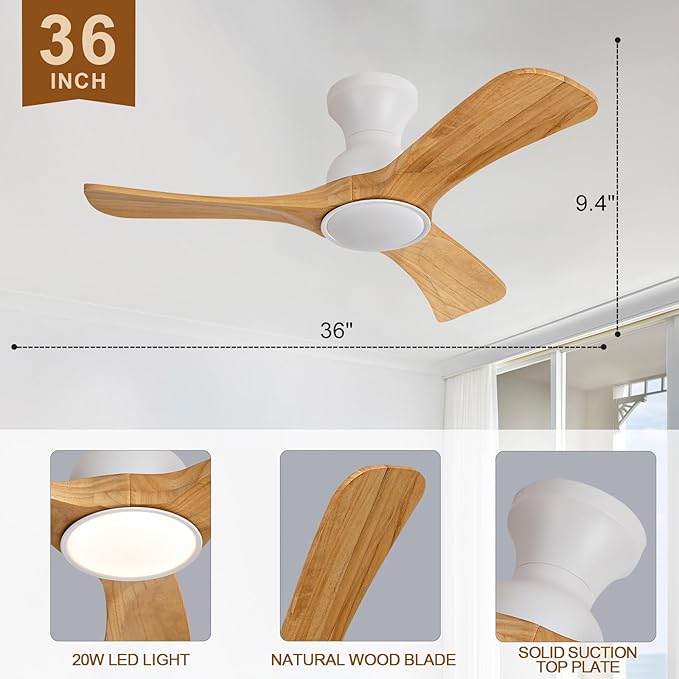 Flush Mount Ceiling Fans with Lights,36 inch,Remote Control,Wall Switch,Solid Wood Blades,Dimmable,Reversible Noiseless,Power Off Memory Modern Ceiling Fan for Bedroom Patio Indoor/Outdoor