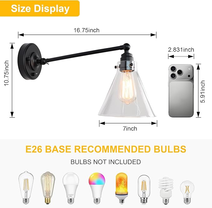 Industrial Vintage Slope Pole Wall Mount Single Sconce with Funnel Flared Clear Glass Shade, Swing Arm Wall Sconce Light Lamp Fixture Hardwired