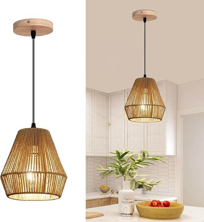 Bohemian Woven Rattan Pendant Light, 7'' Boho Hanging Light Fixture Mini Chandelier with Handwork Cage, Farmhouse Natural Small Pendant Lighting