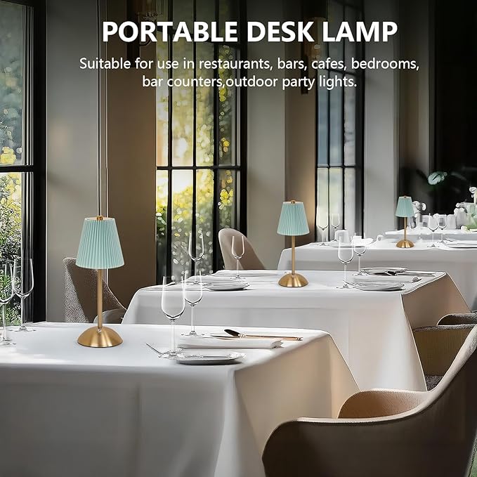 Cordless LED Blue Table Lamp with Dimmer, Built-in Rechargeable Battery, 3-Level Brightness, Patio Table Lamp, Bedside Night Lamp, Ambient Light for Restaurant, Antique Brass (Baby Blue)