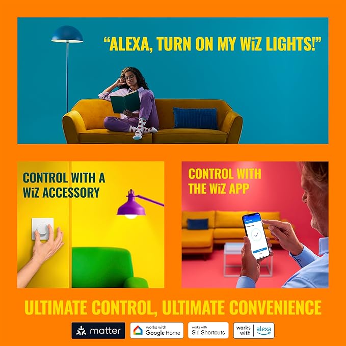 WiZ Connected LED Smart Light Bulbs, Sunset to Sunrise Automation + Motion Detection + Control with Voice or App, Full Color A19 60W 800LM E26 Indoor, Matter Compatible - 1 Pack