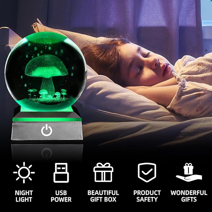 3D Mushroom Crystal Ball Night Light 3.15 inch Glass Ball Table Lamp with Color Changing Touch Base Mushroom Decor Ideal Gifts for Friends Kids Christmas Birthday