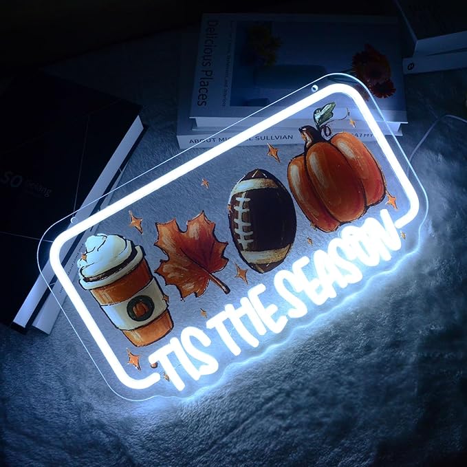 Tis The Season Neon Lights Latte Coffee Maple Leaf Football & Pumpkin LED Sign Inspirational LED Wall Art for Christmas Halloween Thanksgiving Sports Fan Cave Fall Decor Home Bar or Cafe