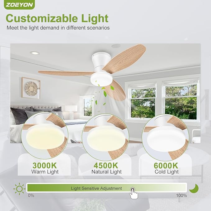 Small Ceiling Fan with Light - 42 Inch Flush Mount Ceiling Fan with Lights and Remote, Low Profile Ceiling Fans with 3 Reversible Blades, 6 Wind Speeds, White&Wood Ceiling Fans for Bedroom
