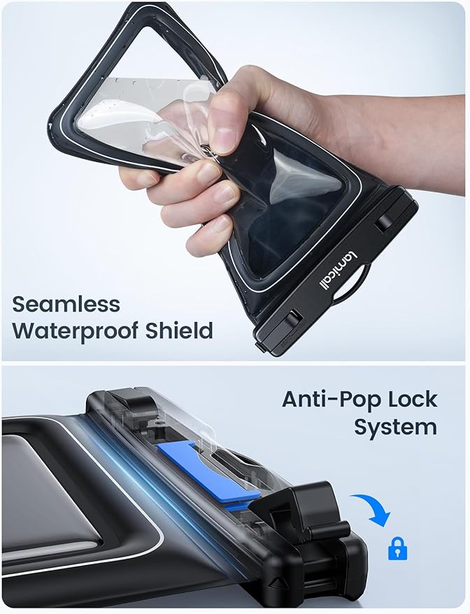 Lamicall IP68 Floating Waterproof Phone Pouch - [2 Pack][Anti-Pop Lock] Dustproof Cell Phone Dry Bag Case with Lanyard, Beach & Cruise Essentials Gifts for iPhone 17 16 15 Pro Max, Galaxy S25, 4-8.5"