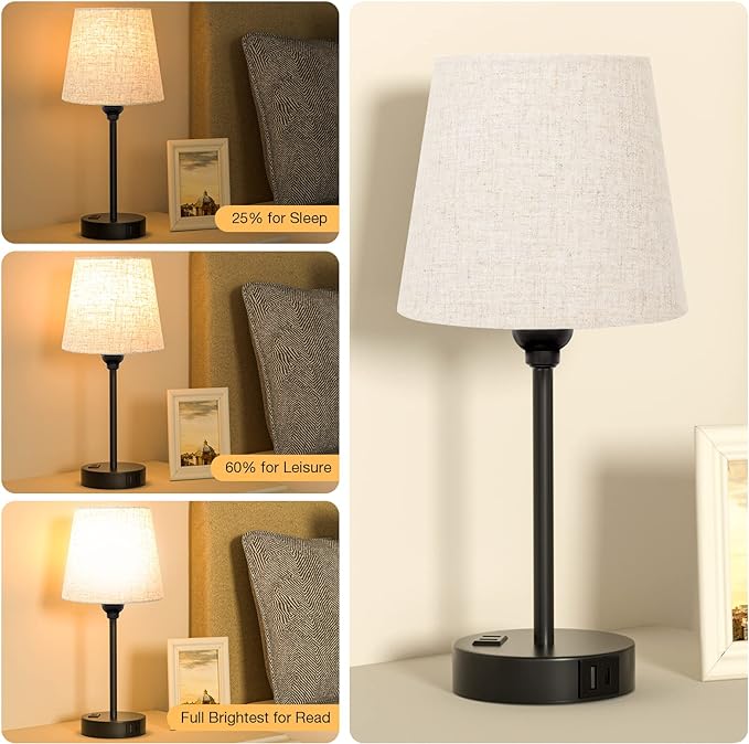 Mini Bedside Lamps for Bedrooms Set of 2 - Nightstand Bedroom Lamps with USB C Port and AC Outlet Charging, Dimmable Touch Small Bed Side Table Lamp, Black Night Stand Light for Kids/Guest Room