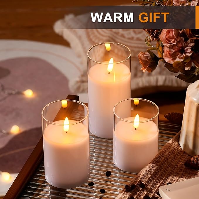 Tyawon Glass Battery Operated LED Flameless Candles with Remote and Timer, Real Wax Candles Warm Color Flickering Light for Festival Wedding Home Party Decor(Pack of 3)-Lvory White