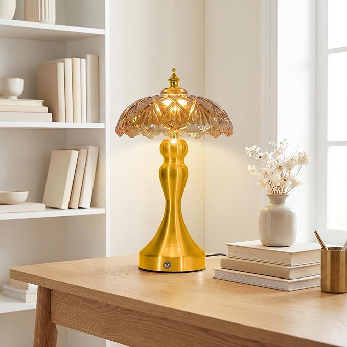 Cordless LED Table Lamp with Glass Shade, 3-Level Brightness & 3 Color Temperatures Touch Control, Rechargeable Portable Bedside Lamp for Nightstand Bedroom Living Room (Amber)