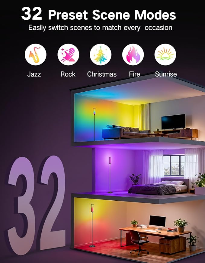 OUTON Corner Floor Lamp with Remote, Touch & App Control, RGB Color Changing Standing Lamp with 32 Modes, 360 Lighting, 3 Color Temperatures, Dimmable 66 in Tall Lamp for Living Room,Black & Glass