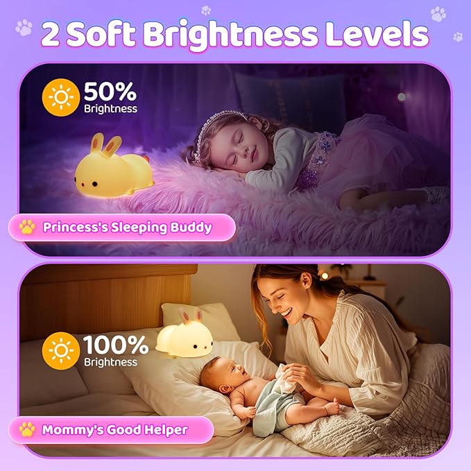 OneFire Easter Bunny Gifts for Kids, 16 Colors Night Light for Kids Cute Lamp, Soft Silicone Baby Night Light, 1200mAh Portable Dimmable Bunnies Touch Lamps, Easter Gifts Bunny Toys Kawaii Room Decor