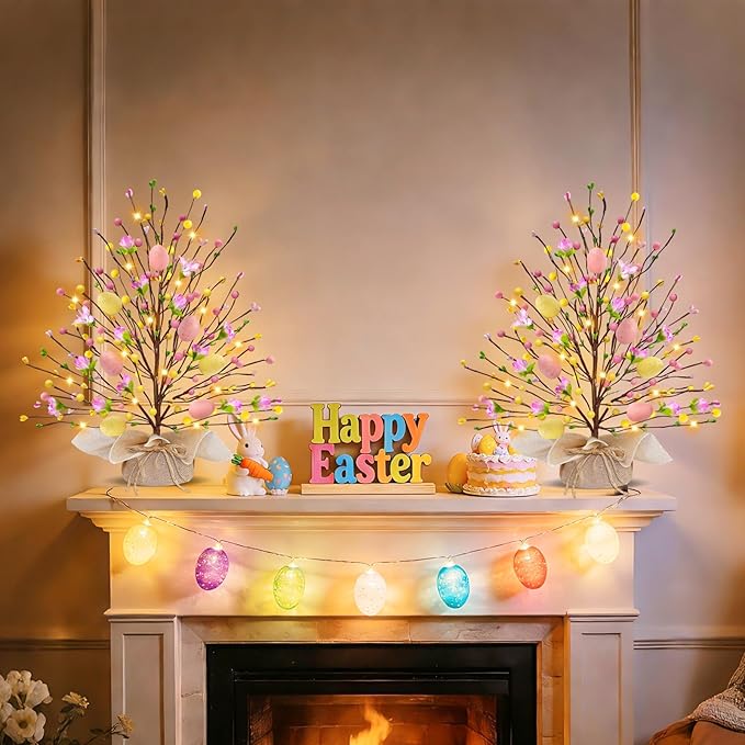 2 Pack & Timer - Easter Decorations, 18 Inch Lighted Easter Tree Tabletop with 20 LED Warm White Lights Pastel Eggs Floral Berries Battery Operated Easter Egg Tree Home Indoor Table Party Spring Decor