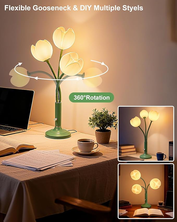Lightdot Vintage Flower Table Lamp, Green Small Cute Bedside Lamp with Adjustable Gooseneck& Bulbs, 3000K Warm Light Dimmable Desk Lamps Nightstand Light for Bedroom Living Room