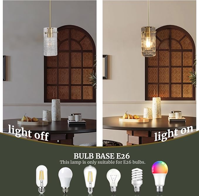 Clear Glass Pendant Light, Modern Cylinder Pendant Lighting with Rigid Rod & Tilt-Swivel Canopy, Adjustable Height up to 47", E26 1-Light for Kitchen Island, Sink, Bar, Dining Room