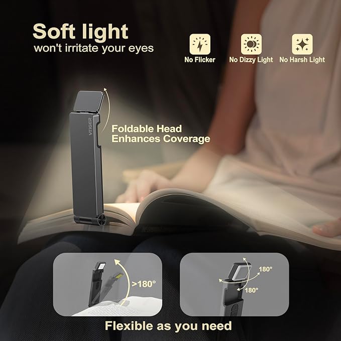 VTIGER Reading Light, USB Rechargeable Book Light for Reading in Bed,Foldable Clip-on LED Booklight, 3 Amber Colors & 4 Brightness Dimmable,Long Lasting Portable Bookmark Lamp for Book Lovers, Kids