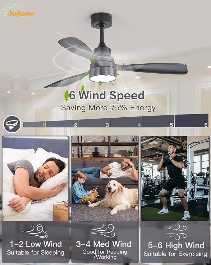 Sofucor 48 Inch Ceiling Fans with Lights and Remote Control-Modern Flush Mount & Downrod Mount Ceiling Fan for Bedroom Living Room Indoor Outdoor Farmhouse Patio, Timer Quiet DC Motor, Black&Walnut