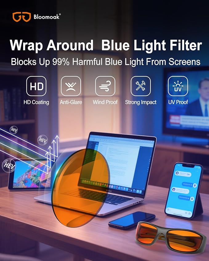 Bloomoak 99% Blue Light Blocking Glasses,Nighttime Sleep,Fully Wraparound Your Eyes with No Leaks for Side Glare/Dry Eyes