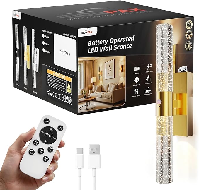 Motion Sensor Wall Sconces Battery Operated, Rechargeable Wall Sconce, 3CCT Battery Wall Sconce, 12000mAh Dimmable with Remote for Bedroom, Living room, Hallway Decor (15.3 inch – Gold - 1 Pack)